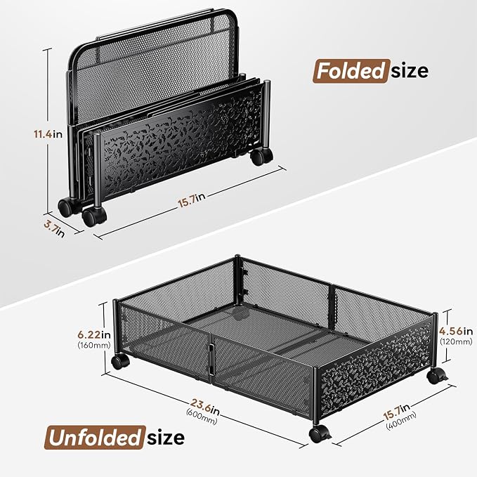 Under Bed Storage with Wheels,Patterned,Sturdy Metal,4 Pack,Black | Tool-free assembly, glide smoothly, easy reach, foldable, maxmazie low-profile beds, dorm, keep seasonal clothes, shoes fresh