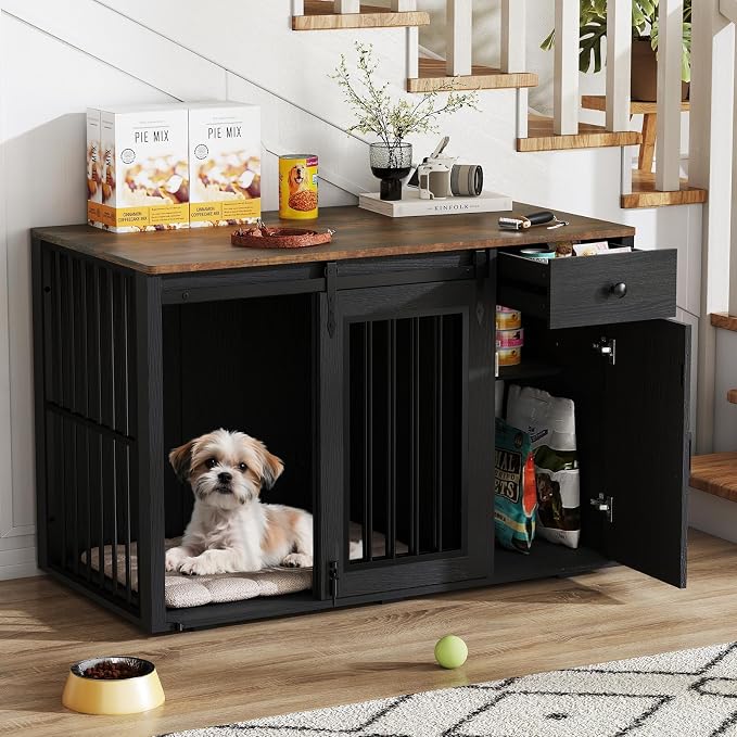 Verano Garden 44" Dog Crate Furniture, Dog Kennel (44" Right Facing Door) | 2-in-1, Lockable, Sliding Door, Removable Divider, Adjustable Shelf, Farmhouse, Heavy Duty, Small Medium Dogs, Black