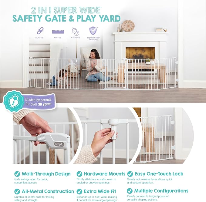Regalo Safety 51.5"-144" Metal 2-in-1 Super Wide Baby Gate & Play Yard | Adjustable Playpen, For Doorways & Open Spaces, For Babies, Toddlers & Pets, White, Tested & Trusted for 30 Years