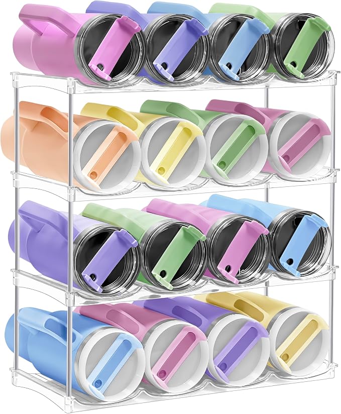 Spaclear Water Bottle Organizer - Stackable Water Bottle Holder for Cabinet, Large Compartment Tumbler Organizer Wine Racks, Kitchen Organization and Storage for Stanley Cup Holder, 4 Tier Hold 16