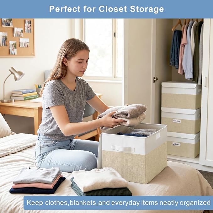 Large 22 Quart Linen Fabric Foldable Storage Bin Cube Organizer Basket with Flip-Top Lid & Handles, Clothes Blanket Box for Home, Office, Closet, Beige & White, 4 Pack 14.6 x 9.5 x 9.5”