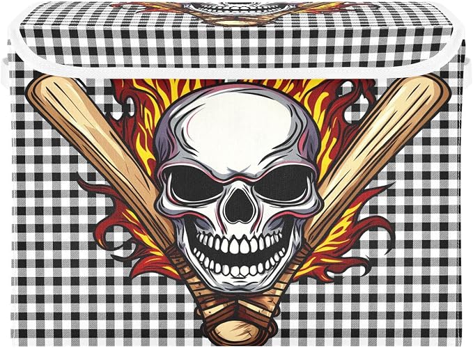 Fabric Storage Bins with Lid Fire Skull Foldable Storage Boxes 40L Baskets | Decorative Storage Boxes, Dust-Proof Flip Top, Reinforced Handles, For Home & Bedroom, Clothes & Toy Box, Skull Fabric Print