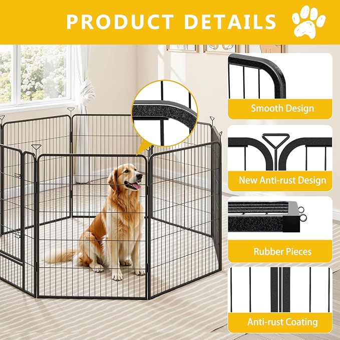 Heavy-Duty Iron Dog Playpen Outdoor Indoor,24 Inch 8 Panels Dog Play Pen | Dog Fences for RV Camping/Yard/Garden,Portable Dog Play Pen for Dogs,Puppies,Small Animals,Black Silver