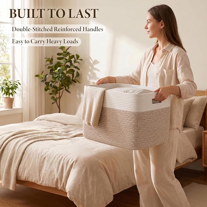 Blanket Basket, Cotton Rope Woven Storage Basket for Living Room, Toy Bin for Kids, Nursery, Baby Room Decorative Organizer, 18''×14''×12'', Brown & White