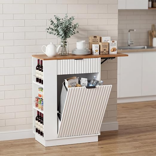 Kitchen Island Tilt-Out Trash Can Cabinet, 10 Gallon Fluted Laundry Hamper Cabinet with Drawers, Multipurpose Kitchen, Bathroom, Living Room Wooden Trash Bin
