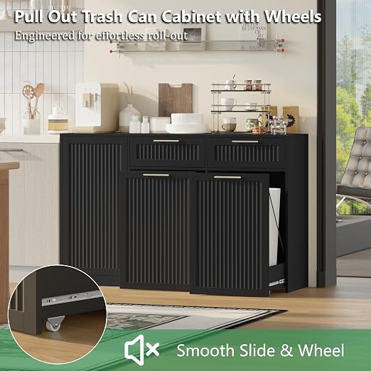Double 13 Gallon Pull Out Trash Can Cabinet with Storage Cabinet,Black | Pet Proof Hidden Garbage Can Cabinet,3-Tier Shelves,Fluted Design,Extra Drawer Space,Kitchen & Dining Room Organization