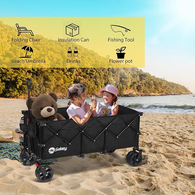 Sekey 48''L Collapsible Foldable Extended Wagon with 660lbs Weight Capacity, Heavy Duty 300L Folding Utility Garden Cart with Big All-Terrain Beach Wheels & Drink Holders. Black