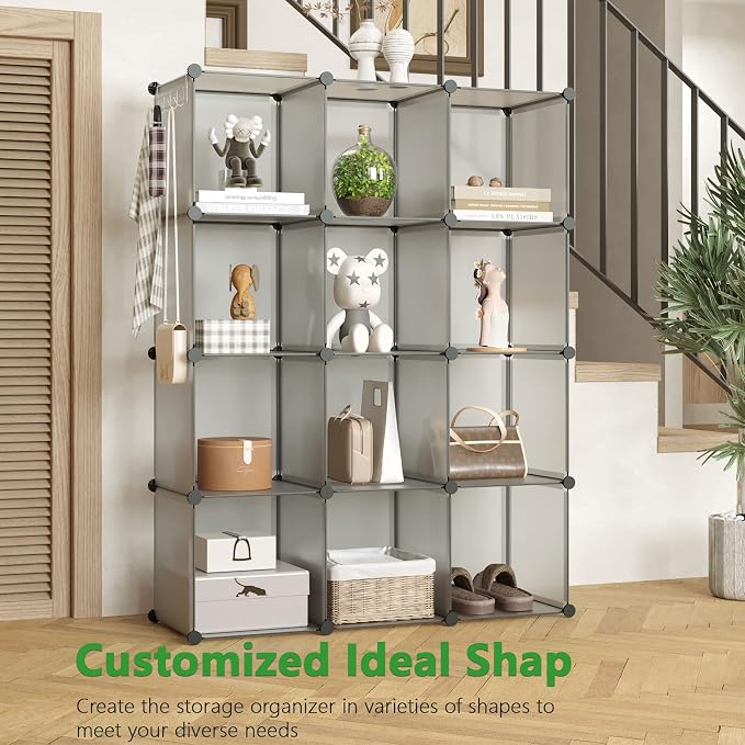 C&AHOME Cube Storage Organizer, 12-Cube Shelf Units, Closet Cabinet Grey | DIY Plastic Modular Bookshelf, Stackable Clothes Organizer Shelving Ideal for Home, Bedroom, 36.6" L x 12.4" W x 48.4" H