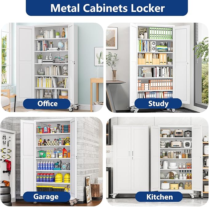 Ckzbx Metal Large Garage Storage Cabinet with Locking Doors and Adjustable Shelves,73.6" H Rolling Tool Storage with Wheels for Garage,Office (White)