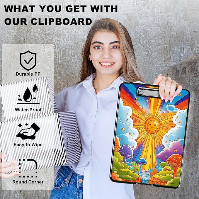 Heavy Duty Storage Clipboard, Slim Nursing Clipboard with Internal Pen Case, Portable File Organizer Case for A4 Letter Size Paper Office Medical Professionals, Sun Clouds Creek