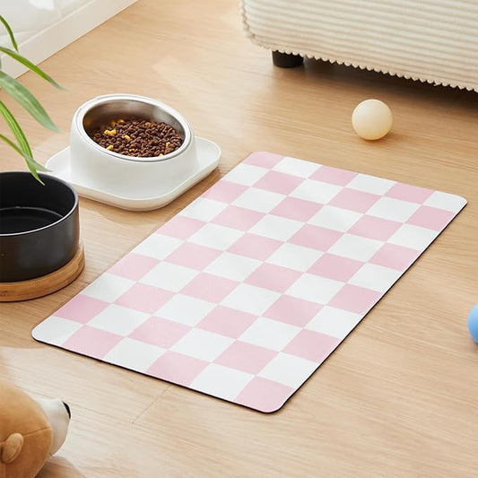 Ralxion Checkered Dog Feeding Mat, Absorbent Mats for Dog Food and Water Bowl, Dispenser, Retro Aesthetic Cute Pink Checkerboard Pet Placemat for Dogs, Cats, Puppy Accessories, 12" X19”