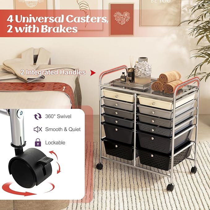 12 Drawer Rolling Storage Cart, Art Cart Organizer on Wheels, Mobile Utility Cart with Drawers, Multipurpose Craft Drawers for Home Office School Classroom (Mixed Black)