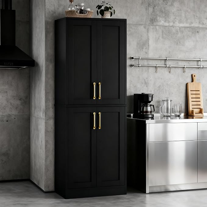 Pantry - Kitchen Pantry Cabinet with 4 Doors and Adjustable Shelves, Tall Black Cabinet Freestanding Storage Cupboard for Dining Room Living Room, Laundry, Bathroom (Black)
