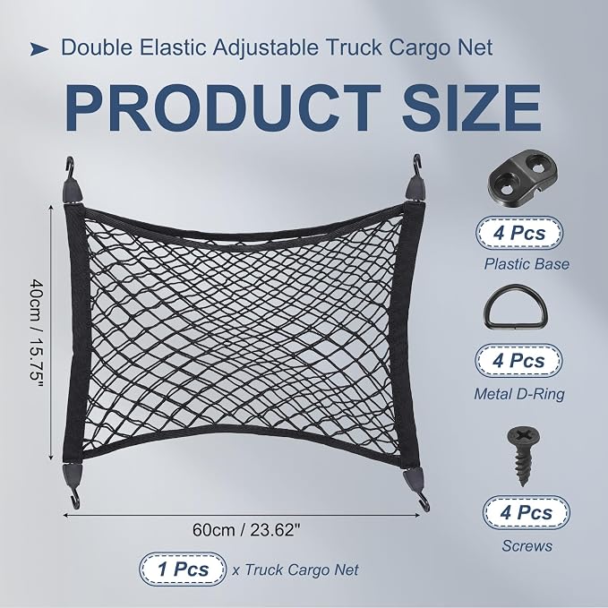 PATIKIL Truck Cargo Net, (23.6 x 15.7 Inch, Black) with Base and D-Ring | Double Elastic Adjustable Trunk Bed Net Stretchable Mesh Storage Organizer Heavy Duty for Pickup Trucks SUV Cars
