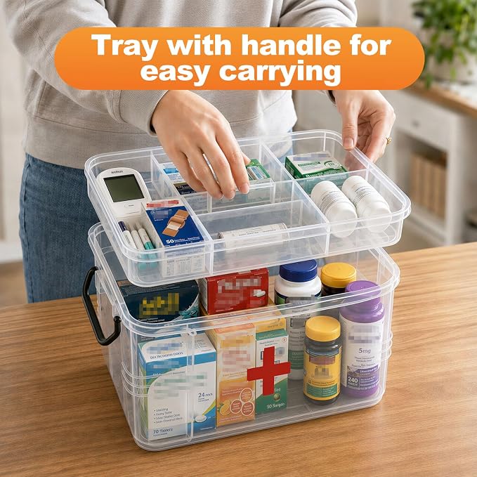 2 Pack Clear Medicine Organizer Box with Handle, Plastic Medicine Container with Tray Empty First Aid Box Empty, Thickened Medicine Storage Organizer Multipurpose Medication Organizer Storage, Clear