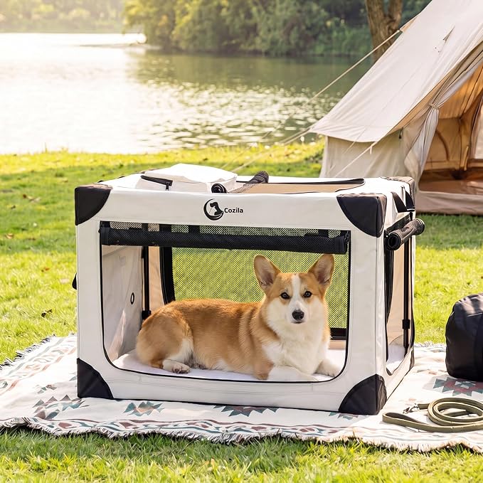 Portable Collapsible Soft Dog Crate for Medium Dogs, 30in Grey | Oxford Cloth Travel Camping dog kennel with 4 Mesh Windows & 2 Storage Pockets,for Indoor & Outdoor Use