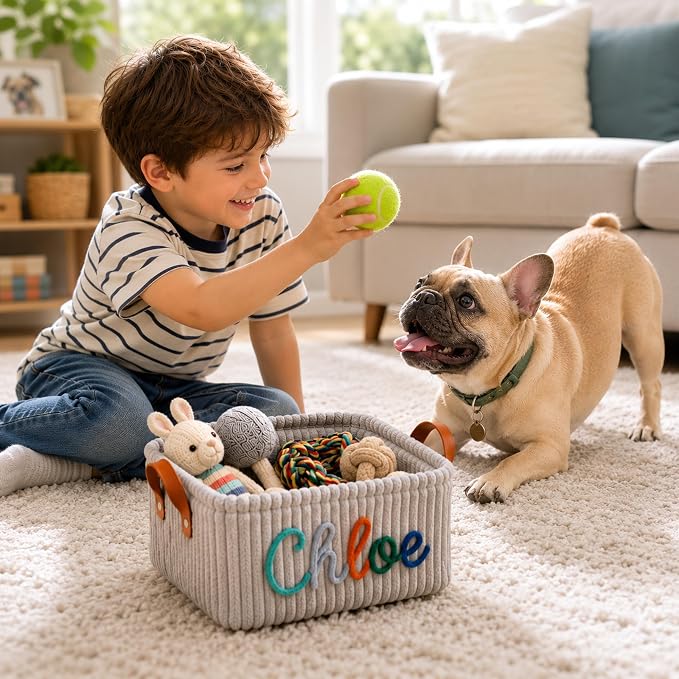 Personalized Dog Cat Toy Basket with Name | Custom Handmade Corduroy Pet Toy Organizer Bin for Home Storage, Unique Gift for Pet Lovers