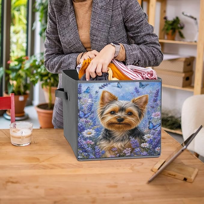 Yorkie Dog Lavender Butterflies Garden Storage Bin with Handles, Oxford Fabric Foldable Storage Cube Organizer for Clothes, Towels, Bedroom, Living Room, Home Organization