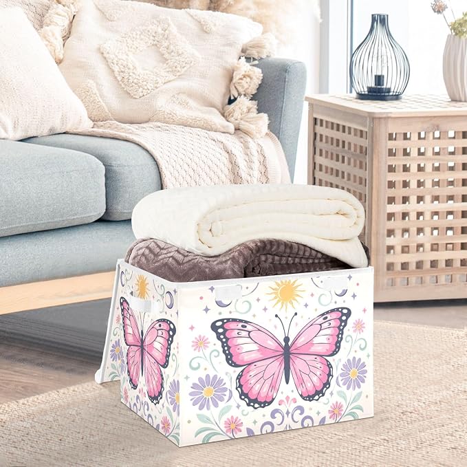 Butterfly Floral Fabric Storage Bins with Lid Foldable Storage Boxes 40L | Decorative Storage Boxes, Foldable & Stackable, Dust-Proof Flip Top, Reinforced Handles, For Home & Dorm, Clothes & Toy Box