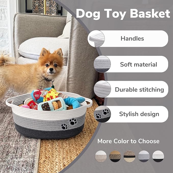 Medium Woven Rope Dog Toy Basket with Paw Print, Mixed Grey | 13.6"x 10" x 6", Cotton Rope Dog Toy Bin & Box, Gift Basket Empty With Handles, Storage Basket for living Room Bedroom