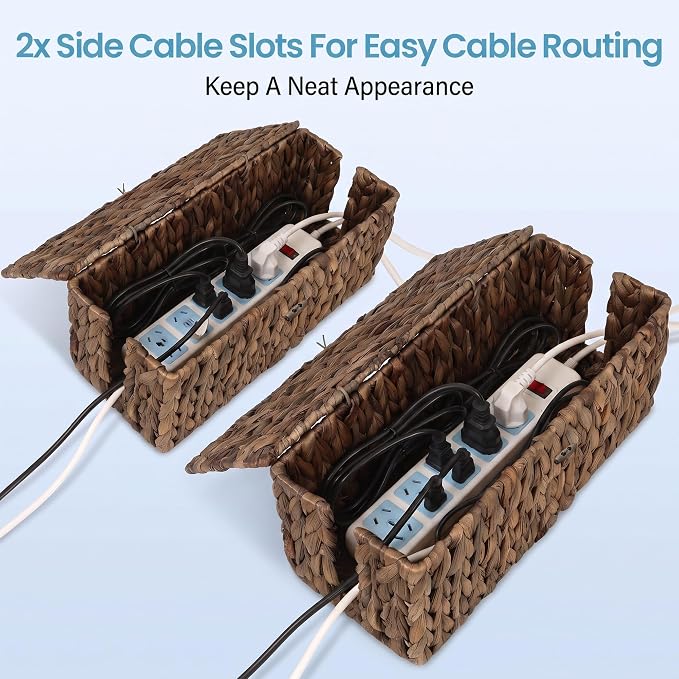 efluky 2 Pack Water Hyacinth Floor Cord Covers with Lid, Hand-Woven Cable Management Box, 2 Open Slots Cord Box to to Hide USB Wire, Power Strip & Charger for Home & Office and Dorm, Brown