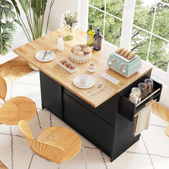 Dripex 41.5'' Rolling Kitchen Island with Power Outlet, Trash Can & Storage | Kitchen Island with Storage & Drop Leaf, Rubberwood Top, 3 Drawers, Mobile Kitchen Island on Wheels for Dining Room, Black