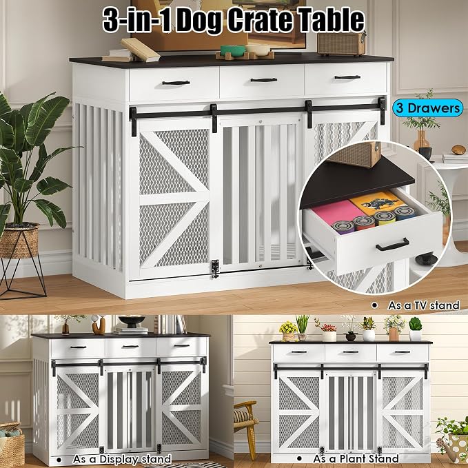 47 Inch Wooden Dog Crate Furniture for 2 Dogs with Removable Divider & Storage Drawers, Double Door Kennel for Medium and Extra Large Dogs, Farmhouse Dog Cage Side End Table for Indoor use, White