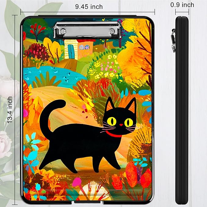 Black Cat in Autumn A4 Clipboard with Storage Pen Holder, Clipboards Organizer Nursing Clipboard Foldable File Folder Plastic Clipboard Folio Clip Board for Office Students Classroom Doctor