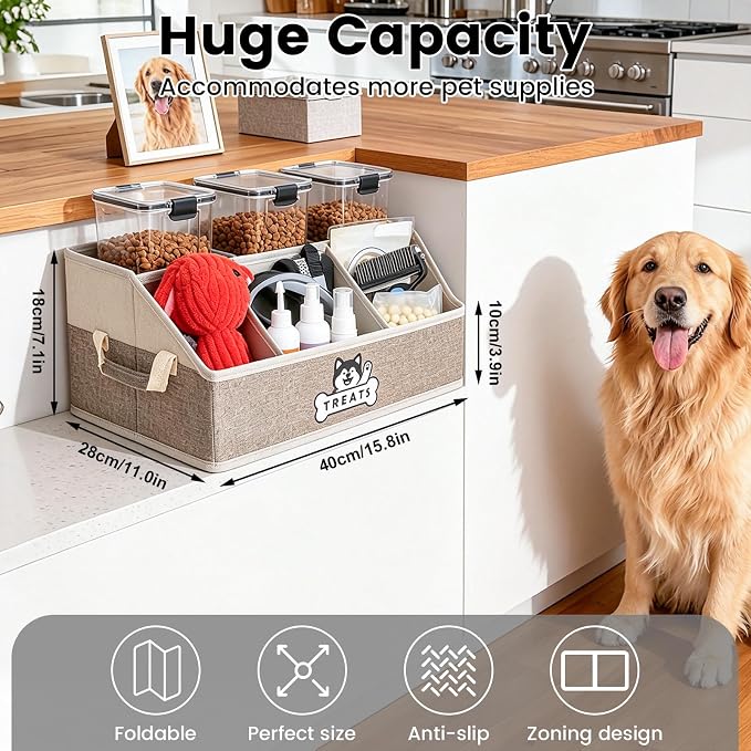 Dog Treat Storage Organizer for Countertop with Fabric Handle and Dividers | Collapsible Dog Treat Container for Living Room Area, Trapezoid Storage Basket for Pet Supplies with Adjustable Dividers