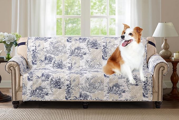 Brilliant Sunshine Blue Toile Couch Cover, Beige & Ivory Patches, 70" seat | Quilted Sofa Cover, Living Room & Bedroom Furniture Protector, Large Washable Slipcover for Pets, Dogs & Cats