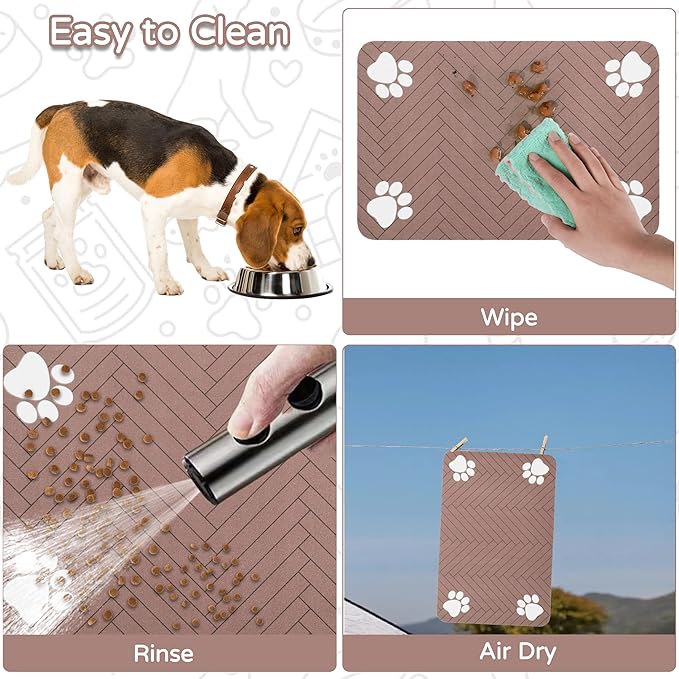 Pet Feeding Mat-Absorbent Dog Feeding Mat for Food and Water Bowl,No Stains Pet Placemat,Quick Drying Water Dispenser Mat for Dog and Cat,Easy to Clean Dog Accessories(L,Dark Brown White Paw)