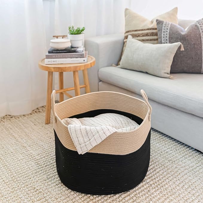 OrganiHaus Round Toy Basket & Blanket Basket, Cotton Rope 20x13" | Black / Honey - Round Cotton Rope Basket, 20x13"