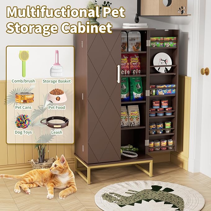 Saudism 51" Dog Food Storage Cabinet with Adjustable Shelves, Walnut | Freestanding Pet Storage Container Organizer for Living Room and Dinning Room