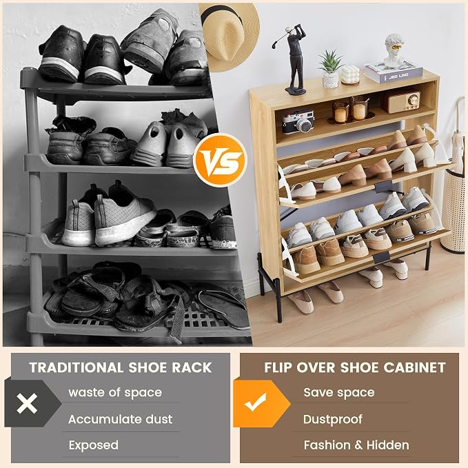 FurSch Fluted Shoe Cabinet with 2 Flip Drawers | Slim, Freestanding, Hidden Organizer, Narrow Storage Rack, for Entryway