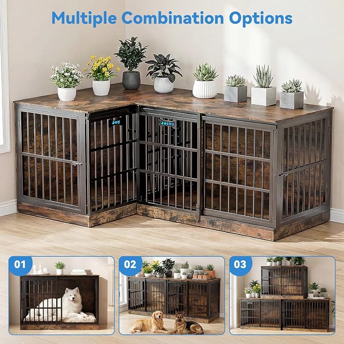Petrova 47" Dog Crate Furniture with Name Tag, Heavy Duty Dog Kennel Indoor for Large/Medium Dogs, Wooden Dog Cage with Sliding Barn Door, Decorate House as TV Stand, End Table, Rustic Brown