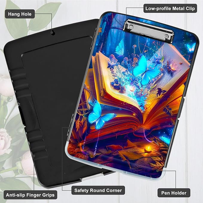 Book Blue Butterfly A4 Clipboard with Storage Pen Holder, Clipboards Organizer Nursing Clipboard Foldable File Folder Plastic Clipboard Folio Clip Board for Office Students Classroom Doctor