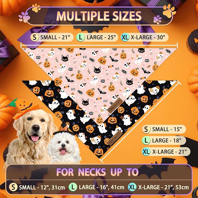 Pink Halloween Dog Bandanas, Cute Ghost 2-Pack Triangle Reversible Pet Scarves, Premium Fabric, Pumpkin Bandana for All Boys Girls Dogs (X-Large, Style 3)