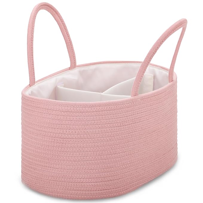 COMSE Large Cotton Rope Baby Diaper Caddy Organizer for Girls, Dusty Pink