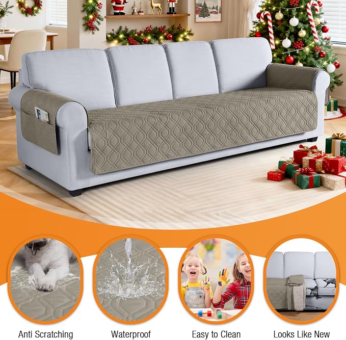 VANSOFY Waterproof Oversized Couch Cover for Pets, Khaki, 78.7" | Non-Slip, Washable, Utility Pockets, Pet Friendly, Furniture Protector Slipcover for 4 Cushion Couch