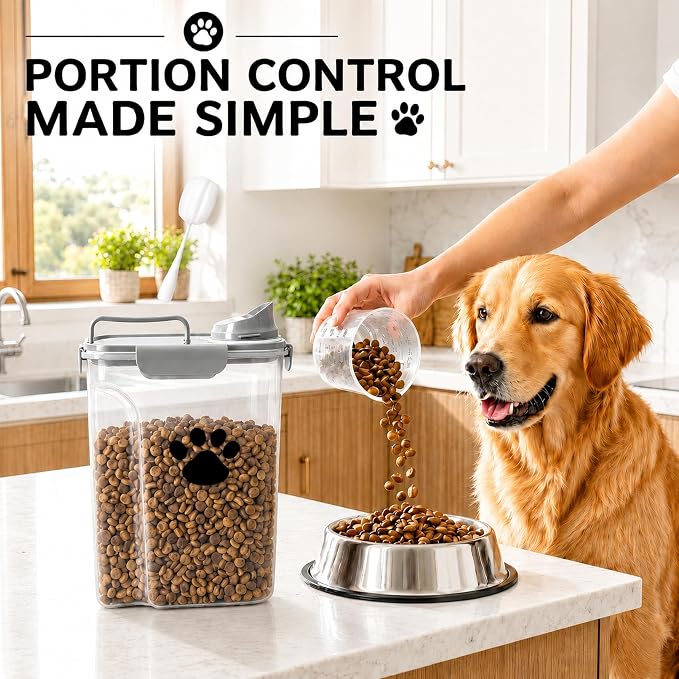 5-7Lbs Dog Cat Food Storage Container with cleaning brush | 4 Snap Seals,Portable Pet Food Containers with Upgraded Large Nozzle and Measuring Cup,Cats,Birds(Large-Grey)