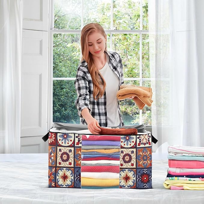Generic Beige Mexican Tiles Clothes Storage Bag Bins 2 Pack Foldable Storage Containers Large Closet Organizer with Zipper Storage Cubes for Pillows Clothing Comforters 95L, g355896794p976c1037s2358
