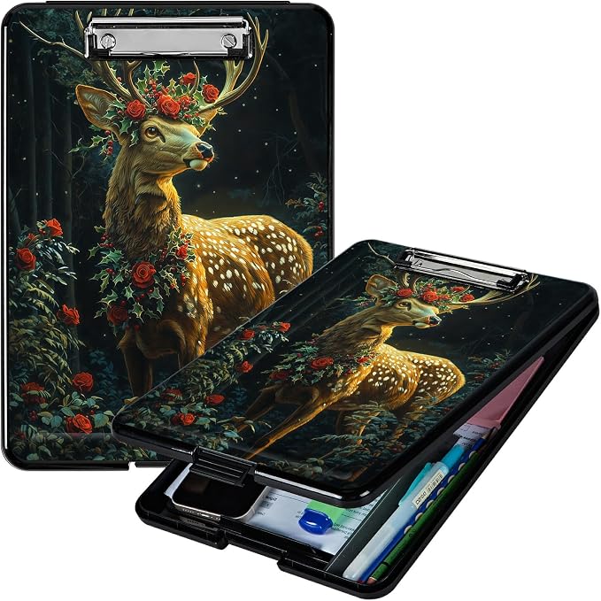 Heavy Duty Storage Clipboard, Slim Nursing Clipboard with Internal Pen Case, Portable File Organizer Case for A4 Letter Size Paper Office Medical Professionals, Rose Forest Deer