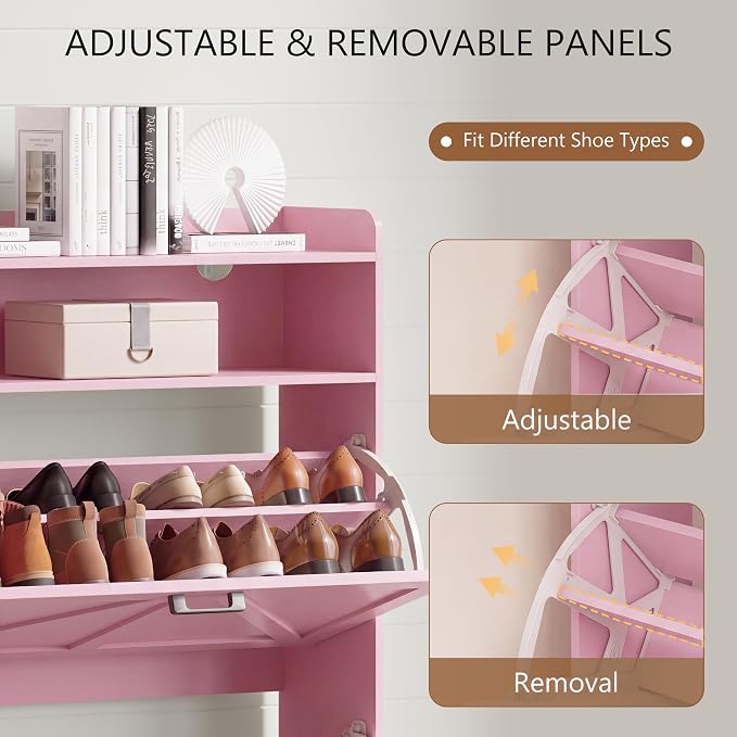 Xixini Shoe Storage Cabinet with 2 Flip Drawers, Entryway Shoe Rack, Pink | Freestanding Narrow Shoe Storage, Hidden Slim Wood Shoe Organizer, Modern Farmhouse, Open Storage & Hooks for Closet, Hallway