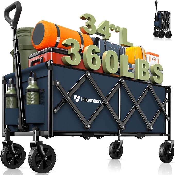 34'' Extra Long Folding Portable Wagon Cart, 120L 360LBS Blue | Wagons Carts Foldable, Heavy Duty, Collapsible Compact Storage, Utility for Shopping/Grocery/Garden/Camping/Sports