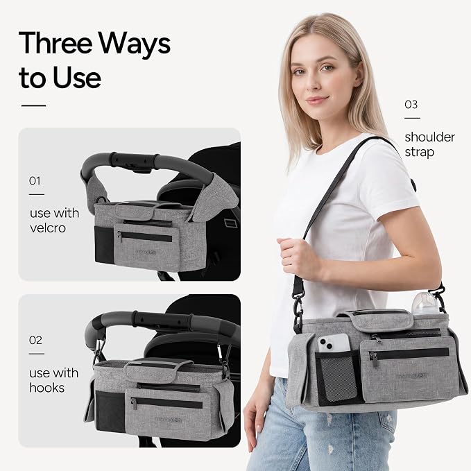 Mompush Universal Stroller Organizer Caddy with Insulated Cup Holder | Large storage capacity, multiple pockets, detachable zippered pouch, secure Velcro straps, universal stroller fit