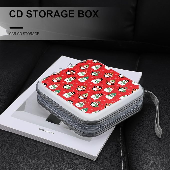 Protective 40-Capacity CD Organizer Christmas Cute Penguin Snowman Red, Hard Case Storage Binder with Zipper, Portable Wallet for Car Home Office