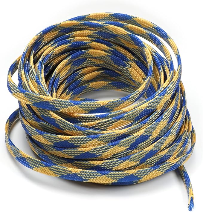 Jutagoss PET Expandable Braided Cable Sleeve, 32.8ft - 5/16 inch Blue Yellow Cable Management Sleeve, Wire Loom Tube Cord Protector for USB Cable, Power Cord, Audio Video and More, 1Pc
