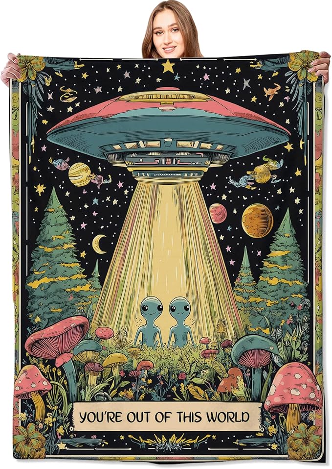 Alien & UFO Blanket Space Throw Blankets with Colorful Mushroom, Planet & Star,Birthday Gifts for Kids Adult & Sci-Fi Lovers,Lightweight Soft Fleece,for Sofa Couch Bed Room Decor 40x50in