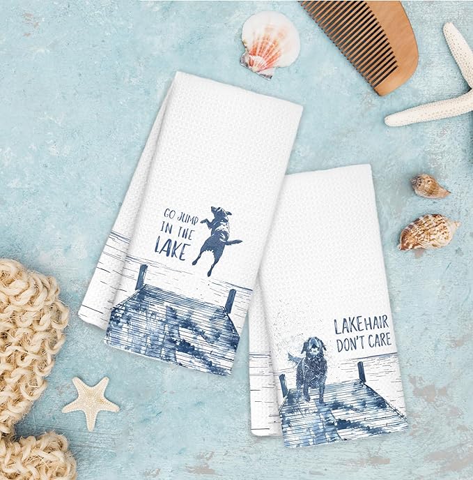 Lake House Decor Dish Towels,Lake House Gifts Funny Dog Kitchen Decorative,Dog Lover Mom Gifts Hand Towels Drying Cloth for Kitchen Bathroom Decor,16x24 Inch Set of 2