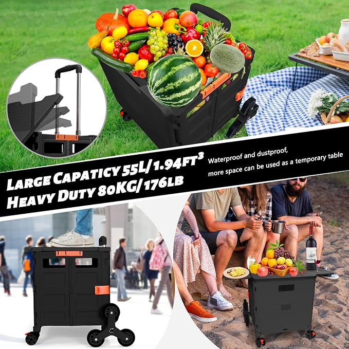 Foldable Utility Cart Collapsible Portable Crate Rolling Carts with Stair Climbing Wheels Tote Basket with Magnetic Lid Telescopic Cover Wear-Resistant 360°Rotate Wheel Noiseless for Shopping Office